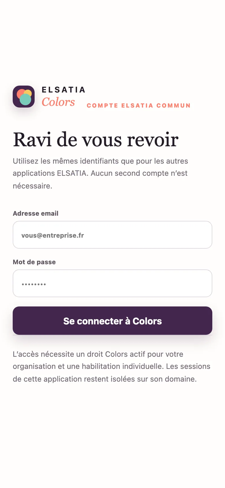 ELSATIA Colors sur téléphone — connexion avec le compte ELSATIA commun
