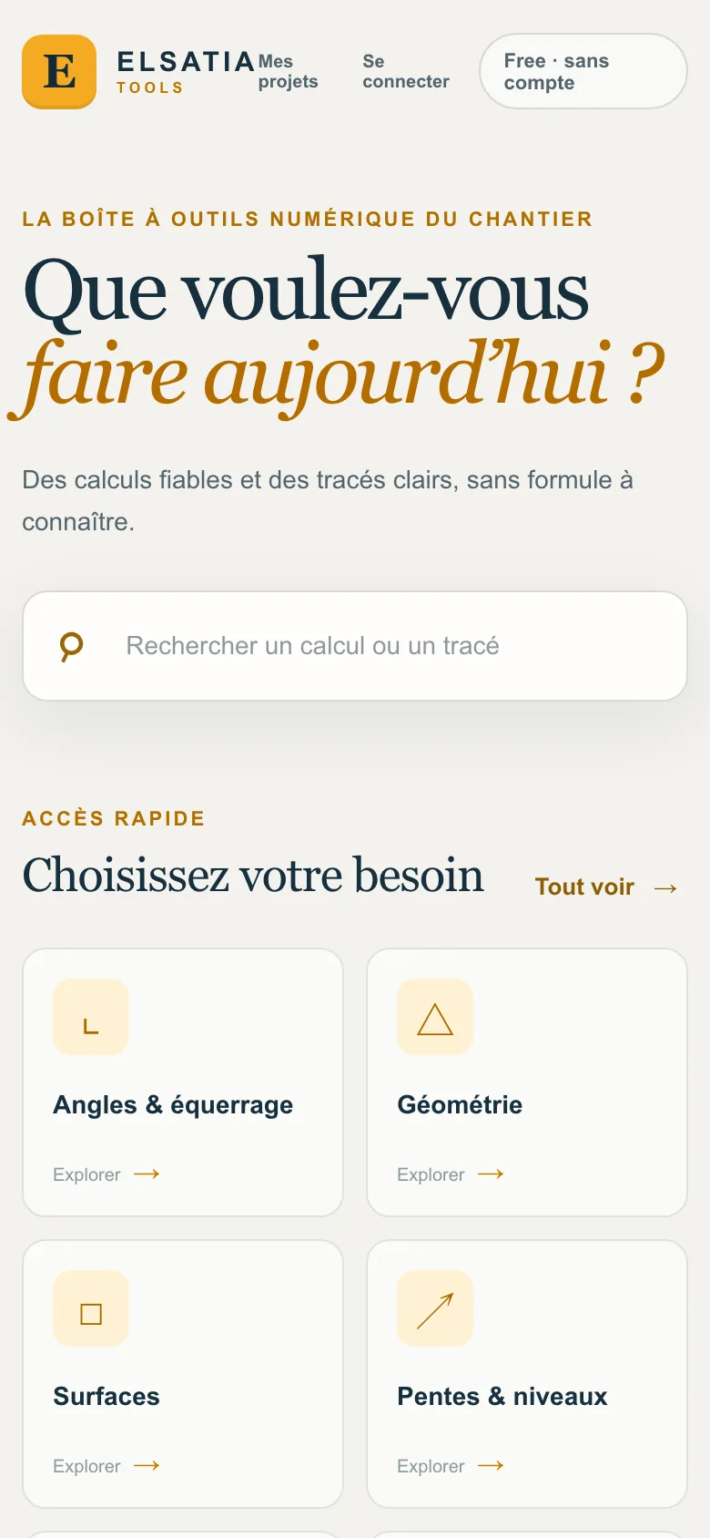 ELSATIA Tools sur téléphone — accueil et recherche d’outil