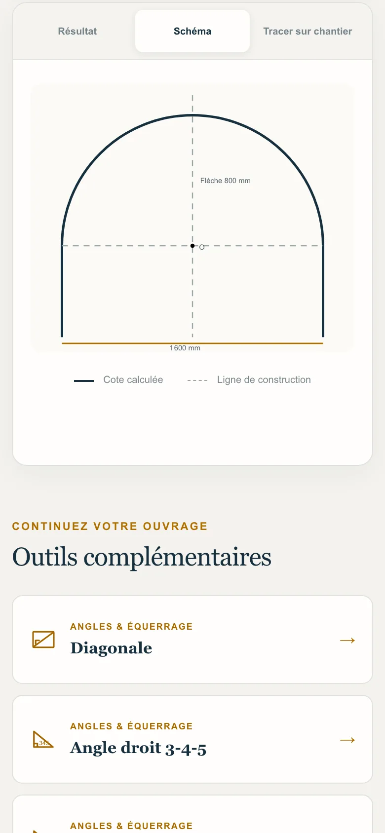 ELSATIA Tools sur téléphone — schéma de traçage d’une arche